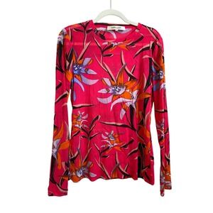 Diane Von Furstenberg DVF Mesh Floral Print Long Sleeve Top Size Large